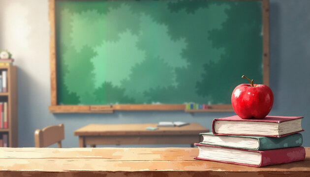 Stack of books with red apple on wooden desk, Back to School concept - Powered by Adobe