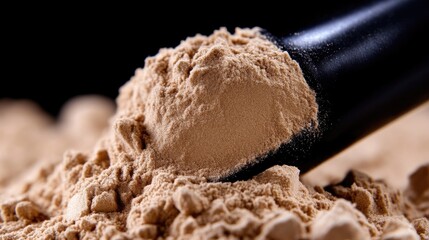 Close-up of a light brown powder.  A scoop is used to take a portion