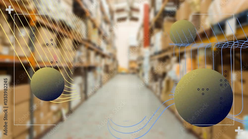 Poster Floating spheres with digital patterns in warehouse, creating animation effect