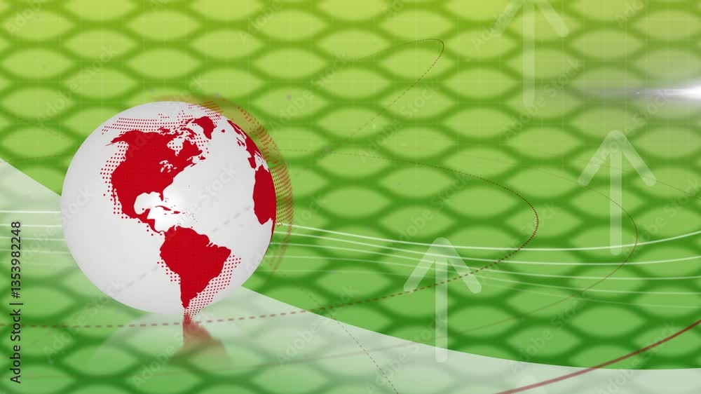 Poster animation of white sphere with red markings on green background with arrows