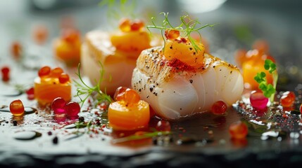 Obraz premium Artistic capture of a French culinary masterpiece, focusing on the exquisite textures and delicate garnishes, in a refined fine dining atmosphere