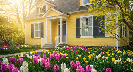 Sunny and Serene: A Blooming Spring Garden Around a Yellow House

