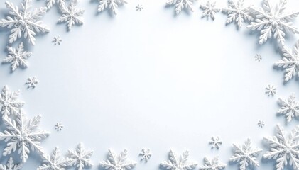 Delicate snowflake border around a simple white background , minimalist, elegant