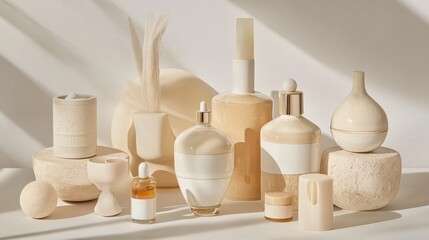 A collection of beige and white fashion essentials stacked in a monochrome setting.