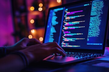 Coder typing on laptop with colorful code on screen in dimly lit room