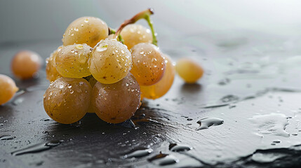Champagne grape resting on wet black slate surface, luxurious wine grape detail macro