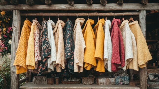 A collection of cozy winter ponchos displayed on a rustic ladder shelf.