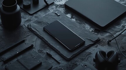Envision a dark-themed, minimalistic flat lay that centers around a mobile device, illustrating the intersection of technology and design. 