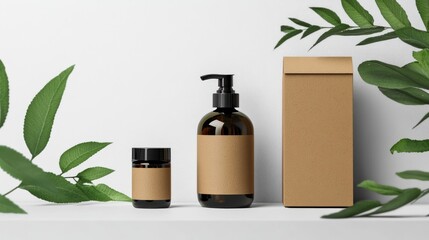 Minimalist display of natural skincare products on a clean surface surrounded by green leaves, emphasizing eco-friendliness