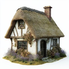 A small, old-fashioned house with a thatched roof and a brick chimney