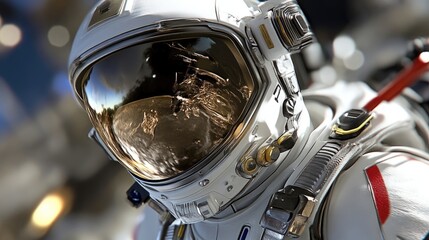 Astronaut in space suit, close-up view of helmet and visor