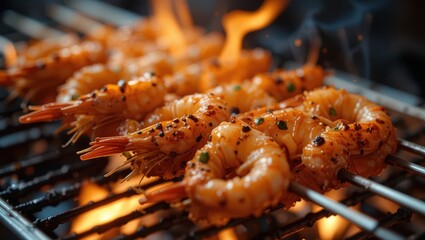 Grilled Shrimp Skewers Cooking Over Flames on Barbecue Grill at Outdoor Kitchen