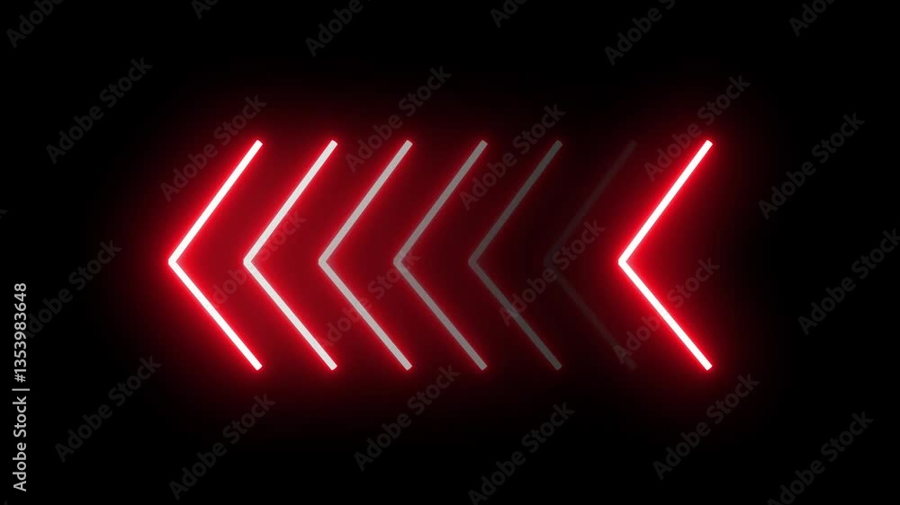 Poster seven 7 shapes of glowing red neon arrows fade in and fade out motion animation graphic, right to le