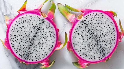 Halved dragonfruit with vivid pink skin and white pulp, tropical fruit texture detail