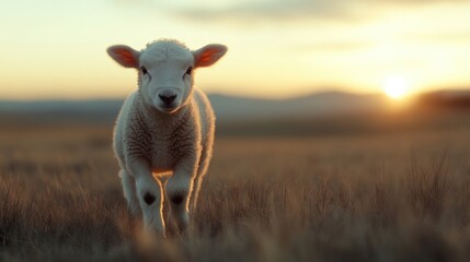 Fototapeta premium A lamb stands in a golden field at sunset. A small, fluffy lamb is the focal point in a warm, golden field as the sun sets. 