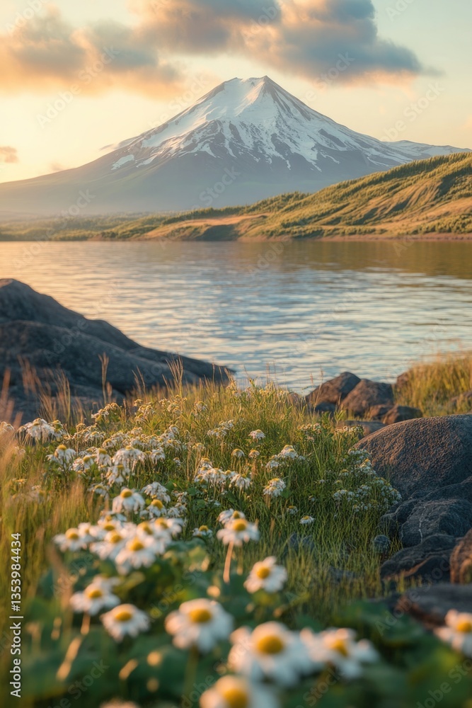 Poster a serene view of a mountain range with a calm lake in the foreground, suitable for use in travel or 