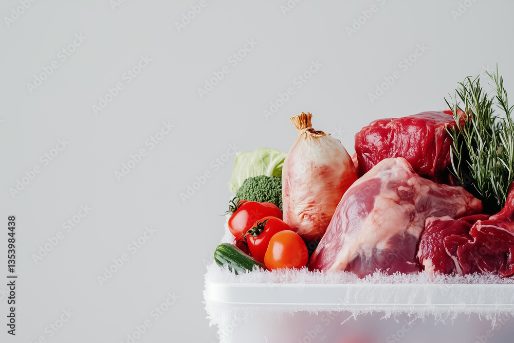 Poster fresh meat and assorted vegetables displayed in frost-covered container. clean white background enha