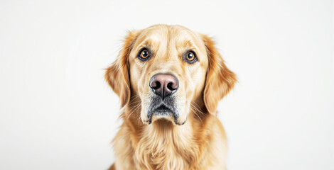 Close-up of a golden retriever dog with detailed fur and expressive eyes, looking straight ahead against a light background. Concept of pet love and loyalty. Ai generative