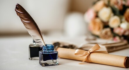 Elegant quill pen and ink bottles with rolled parchment on vintage desk