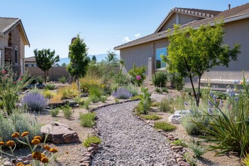 Front Yard Garden with Xeriscape Design Featuring DroughtTolerant Plants and Gravel Pathways
