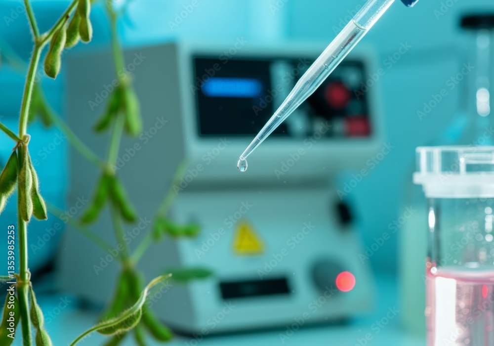 Poster a scientist using a pipette to extract dna samples from a genetically modified soybean plant in a mo