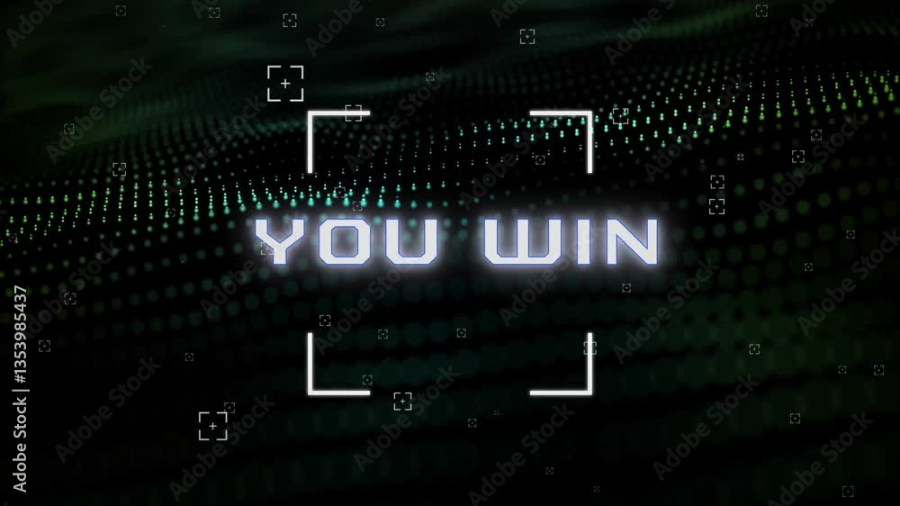 Poster animation of you win text glowing over digital grid with futuristic elements