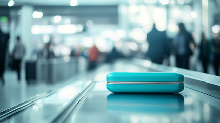 Obraz premium Teal rectangular case on a conveyor belt, blurred airport background suggesting travel or transportation concept