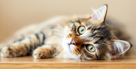 Cute fluffy tabby cat with green eyes lying on a wooden floor, gazing curiously. Soft fur details and warm tones create a cozy atmosphere. Ai generative
