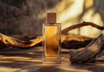 Elegant perfume bottle with wooden cap surrounded by rustic driftwood in warm sunlight