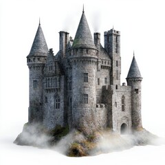 Fototapeta premium A castle with a large tower sits on a rocky hill overlooking a body of water