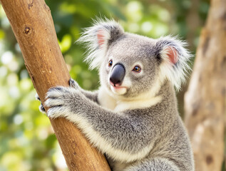 Fototapeta premium Koala holding onto a tree branch with a curious expression, fluffy fur, and large ears. Green blurred background. Concept of wildlife and nature. Ai generative