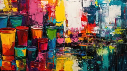 "Top View of Paintbrushes and Paint on a Colorful Canvas Background"