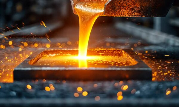 Molten metal being poured into mold with glowing sparks in industrial foundry. Concept of heat, transformation and craftsmanship