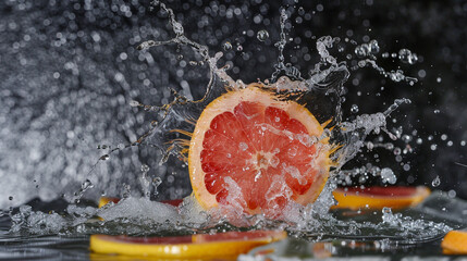 Spinning red grapefruit slice mid-air, dynamic citrus motion with dramatic lighting