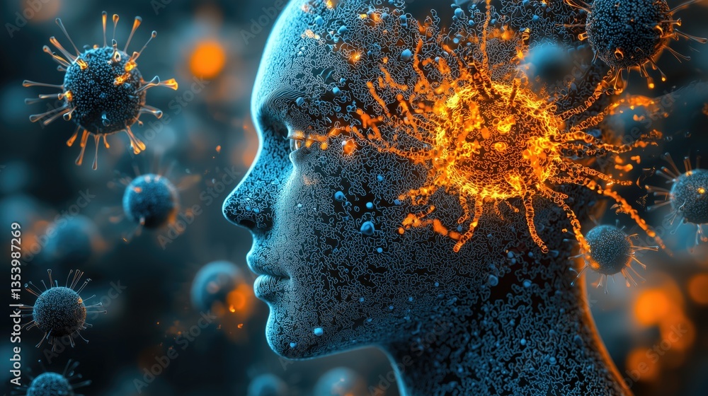 Poster conceptual artificial intelligence face with digital virus and glowing particles