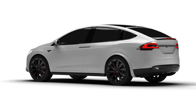 Transparent background, full left-side view of white Tesla Model X displaying its aerodynamic body, minimalist styling, and advanced EV technology in a high-quality 3D render