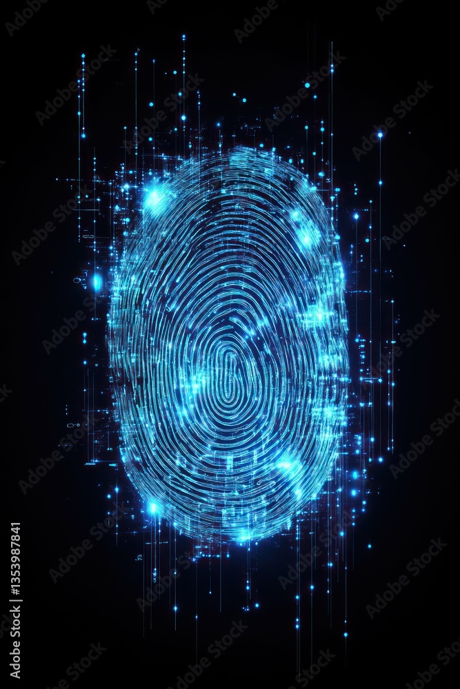 Poster digital fingerprint with glowing particles on a dark background