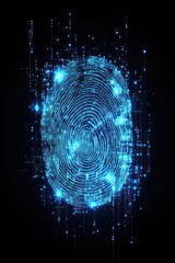 Digital fingerprint with glowing particles on a dark background