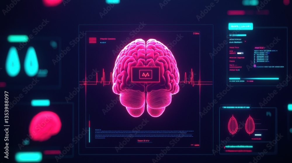 Poster ai ethics healthcare concept. neon brain visualization with digital data displays and graphs.