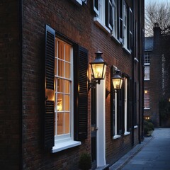 Naklejka premium A brick building with black shutters and windows lit up with candles