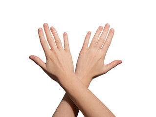 Well-groomed female hands with glossy, polished nails crossing at the wrist. Neat, soft skin with a...