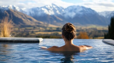 Woman relaxing in infinity pool overlooking mountain range.
