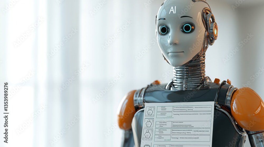 Poster ai ethics healthcare concept. robot with ai features in a bright, modern setting.