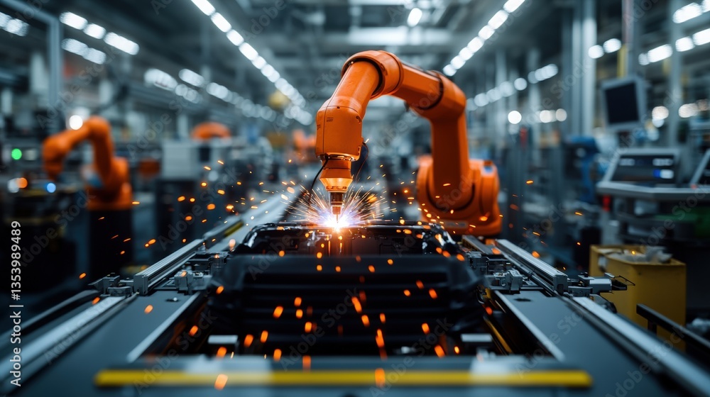 Poster close-up view of automated industrial assembly line with orange robotic arms welding metal workpiece