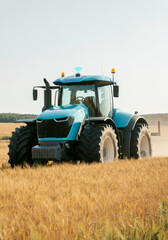 Obraz premium Modern autonomous tractor harvesting wheat in golden field under clear sky