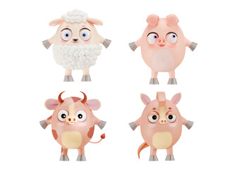 Cute 3d farm animals with big eyes: sheep, pig, cow, horse characters set