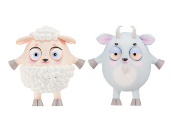 Cute casual sheep and goat characters with big eyes and playful expressions on white background