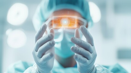 AI Ethics Healthcare concept. Medical professional holding a holographic banknote in a clinical setting.