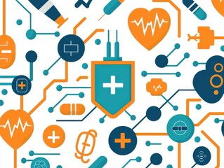 AI Ethics Healthcare concept. Health-themed digital graphic with medical symbols and connections.
