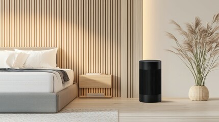 A stylish bedroom featuring smart lighting that adjusts according to the time of day, a high-tech mattress providing sleep analytics, 